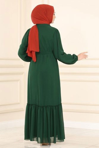 moda selvim Eteği Fırfırlı Şifon Elbise 5060AB368 Zümrüt - Thumbnail