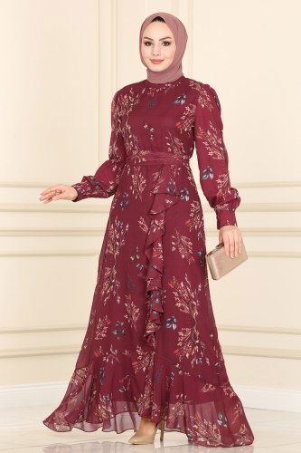moda selvim Eteği Fırfırlı Şifon Elbise 5152AL357 Bordo - Thumbnail