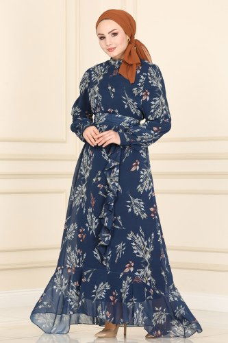 moda selvim Eteği Fırfırlı Şifon Elbise 5152AL357 Laci - Thumbnail