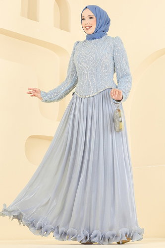 moda selvim Eteği Fırfırlı Şık Abiye 197DMNK1166 Bebe Mavisi - Thumbnail