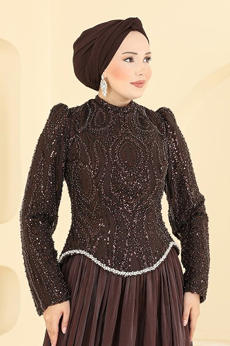 moda selvim Eteği Fırfırlı Şık Abiye 197DMNK1166 Kahve - Thumbnail