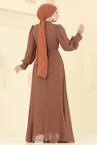 moda selvim Eteği Fırfırlı Taşlı Abiye 8088AB368 Bakır - Thumbnail