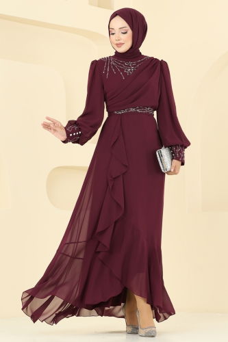 A.B. - Eteği Fırfırlı Taşlı Abiye 8088AB368 Bordo