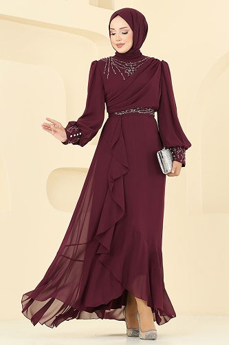 moda selvim Eteği Fırfırlı Taşlı Abiye 8088AB368 Bordo - Thumbnail