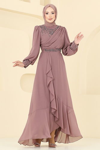 moda selvim Eteği Fırfırlı Taşlı Abiye 8088AB368 Pudra Vizyon - Thumbnail