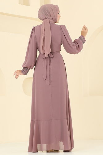 moda selvim Eteği Fırfırlı Taşlı Abiye 8088AB368 Pudra Vizyon - Thumbnail