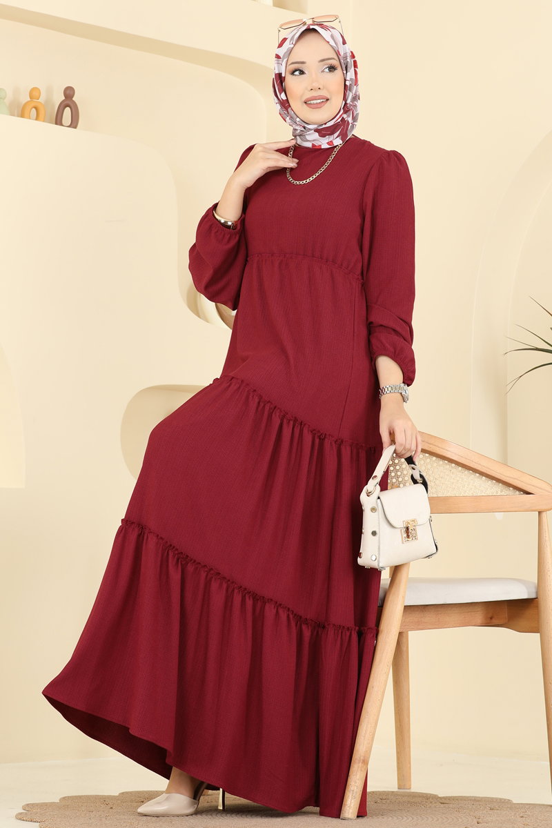 Eteği Katlı Bürümcük Elbise 3300BLU797 Bordo