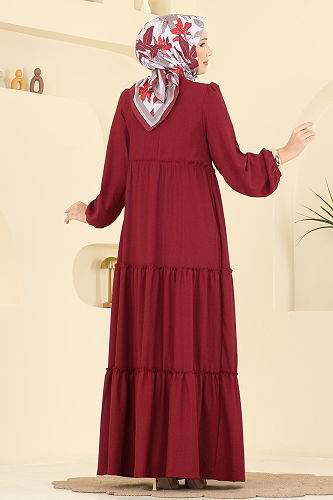 moda selvim Eteği Katlı Bürümcük Elbise 3300BLU797 Bordo - Thumbnail