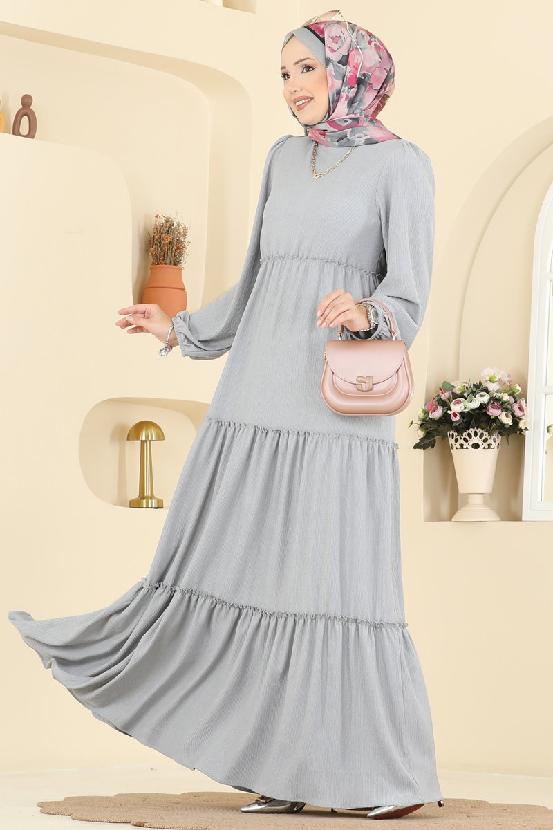 Eteği Katlı Bürümcük Elbise 3300BLU797 Gri