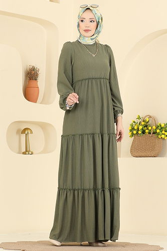 moda selvim Eteği Katlı Bürümcük Elbise 3300BLU797 Haki - Thumbnail