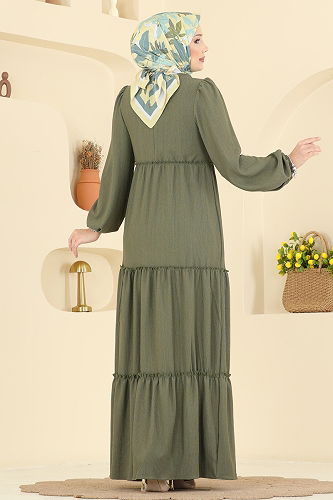 moda selvim Eteği Katlı Bürümcük Elbise 3300BLU797 Haki - Thumbnail