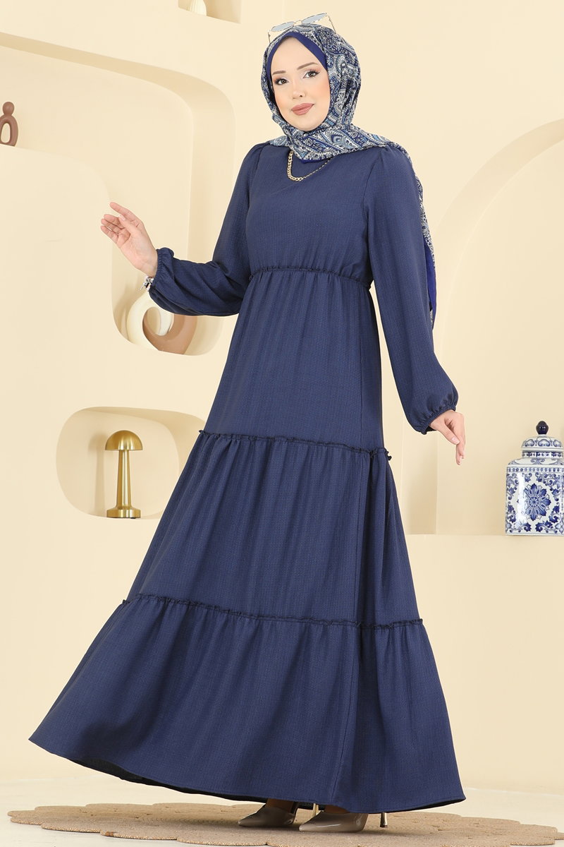 Eteği Katlı Bürümcük Elbise 3300BLU797 Laci