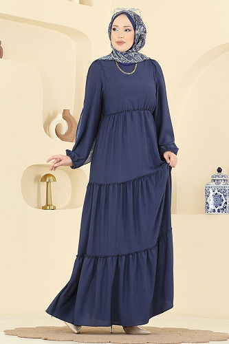 moda selvim Eteği Katlı Bürümcük Elbise 3300BLU797 Laci - Thumbnail