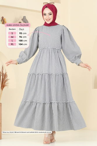 moda selvim Eteği Katlı Çizgili Elbise 3025TBL694 Siyah - Thumbnail