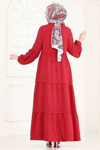 moda selvim Eteği Katlı Elbise 343DVL817 Kırmızı - Thumbnail
