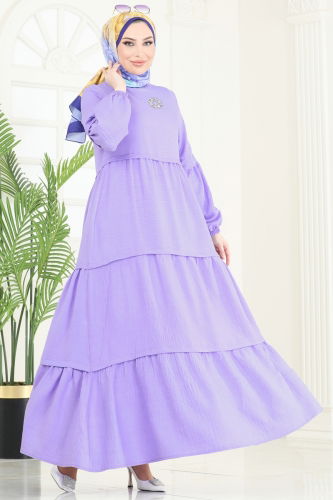moda selvim Eteği Katlı Elbise 343DVL817 Lila - Thumbnail