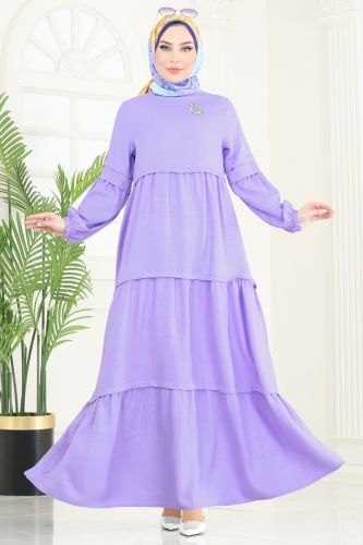 moda selvim Eteği Katlı Elbise 343DVL817 Lila - Thumbnail