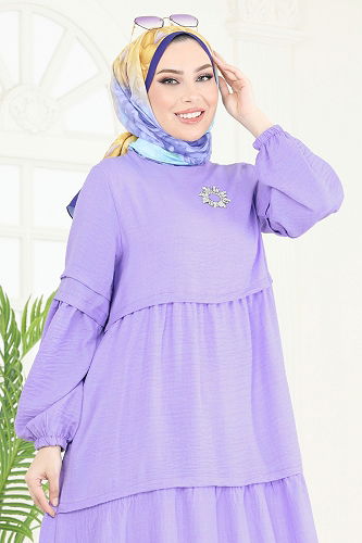 moda selvim Eteği Katlı Elbise 343DVL817 Lila - Thumbnail