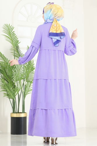 moda selvim Eteği Katlı Elbise 343DVL817 Lila - Thumbnail