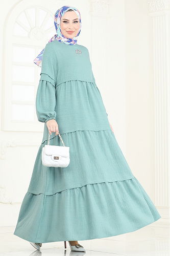 moda selvim Eteği Katlı Elbise 343DVL817 Mint - Thumbnail