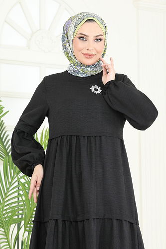 moda selvim Eteği Katlı Elbise 343DVL817 Siyah - Thumbnail
