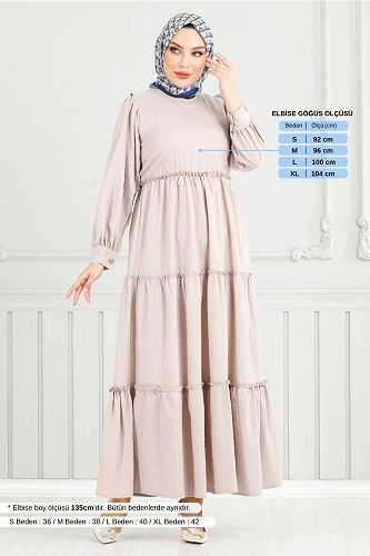 moda selvim Eteği Katlı Gofre Elbise 3033TBO1101-M Taş - Thumbnail