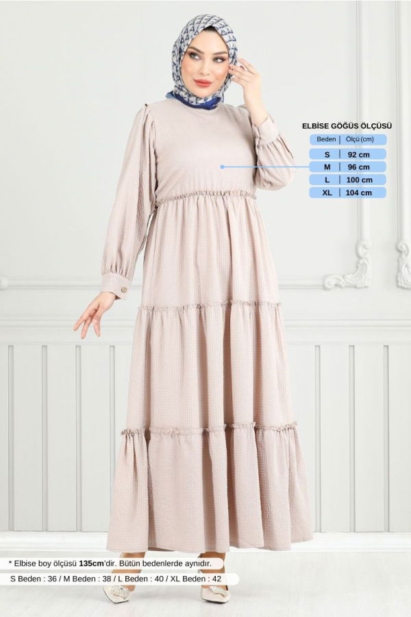 Modaselvim SEPETTE NET %20+%20 İNDİRİM Eteği Katlı Gofre Elbise 3033TBO1101-M Taş