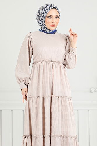moda selvim Eteği Katlı Gofre Elbise 3033TBO1101-M Taş - Thumbnail