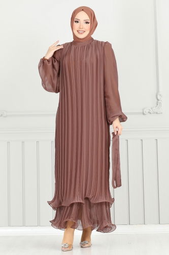 moda selvim Eteği Katlı Janjan Abiye 5689EDF311 Bakır - Thumbnail