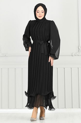 moda selvim Eteği Katlı Janjan Abiye 5689EDF311 Siyah - Thumbnail