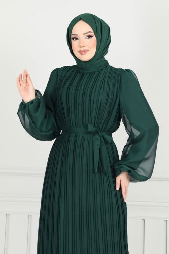 moda selvim Eteği Katlı Janjan Abiye 5689EDF311 Zümrüt - Thumbnail