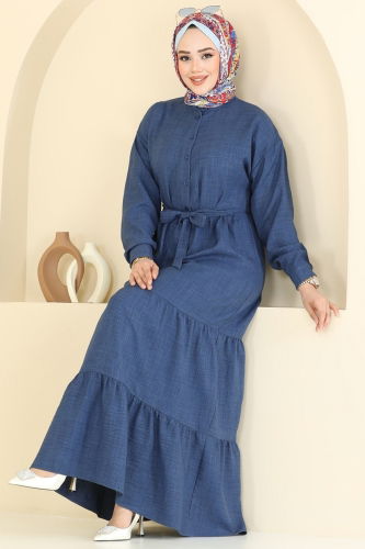 moda selvim Eteği Katlı Keten Elbise 6162BSK463 İndigo - Thumbnail