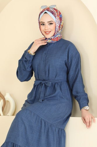 moda selvim Eteği Katlı Keten Elbise 6162BSK463 İndigo - Thumbnail