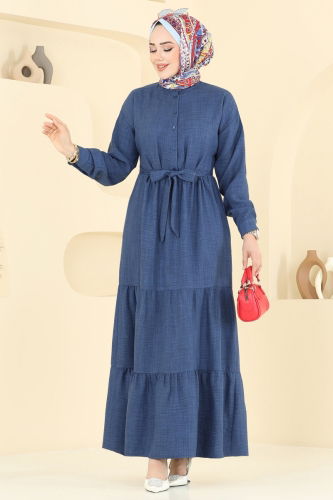 moda selvim Eteği Katlı Keten Elbise 6162BSK463 İndigo - Thumbnail