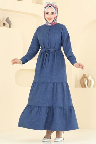 moda selvim Eteği Katlı Keten Elbise 6162BSK463 İndigo - Thumbnail