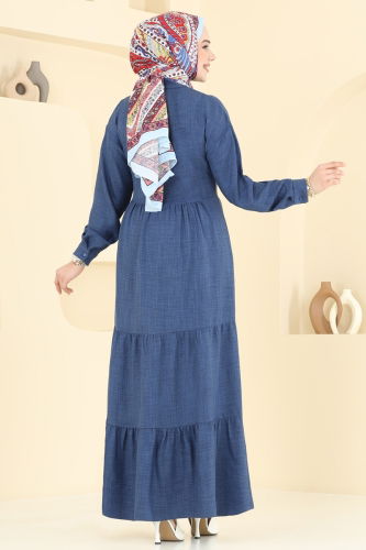 moda selvim Eteği Katlı Keten Elbise 6162BSK463 İndigo - Thumbnail
