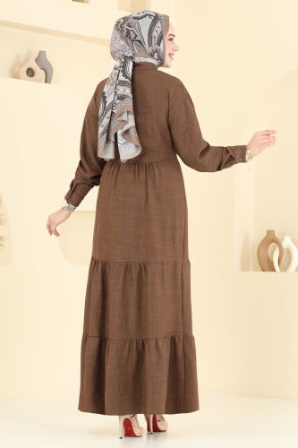 moda selvim Eteği Katlı Keten Elbise 6162BSK463 Kahve - Thumbnail