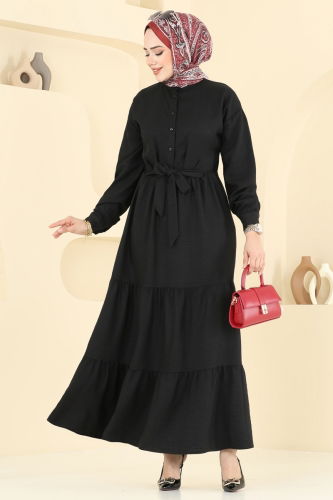 moda selvim Eteği Katlı Keten Elbise 6162BSK463 Siyah - Thumbnail