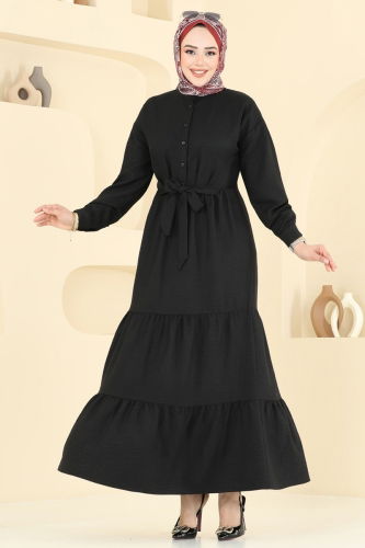 moda selvim Eteği Katlı Keten Elbise 6162BSK463 Siyah - Thumbnail