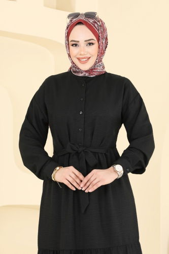 moda selvim Eteği Katlı Keten Elbise 6162BSK463 Siyah - Thumbnail