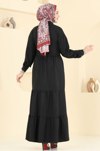 moda selvim Eteği Katlı Keten Elbise 6162BSK463 Siyah - Thumbnail
