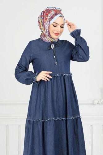 moda selvim Eteği Katlı Kot Elbise 25018MTS1094 Koyu Kot - Thumbnail