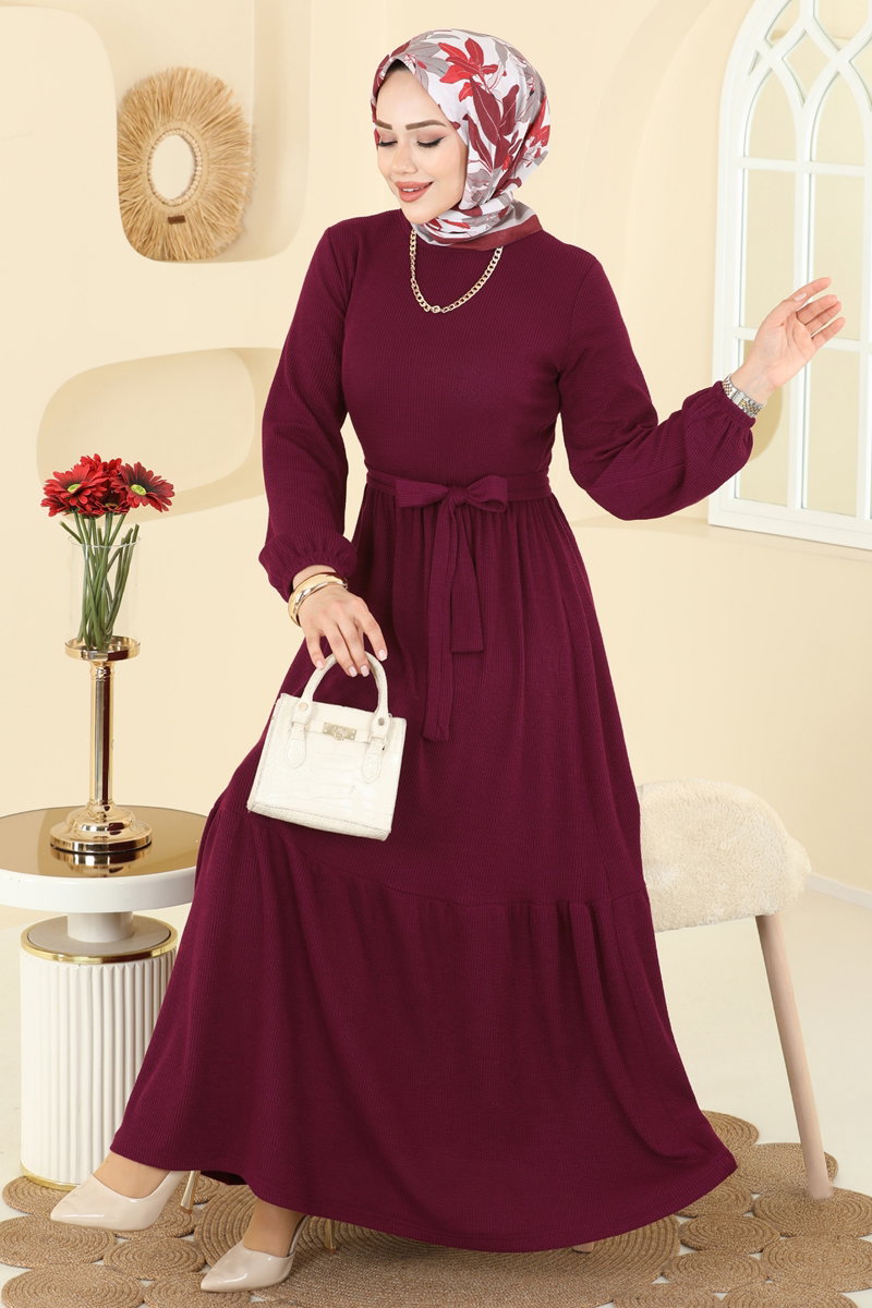 Eteği Katlı Kuşaklı Elbise 4120PM271 Bordo