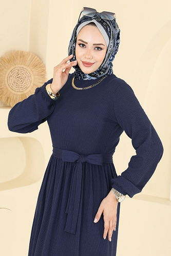 moda selvim Eteği Katlı Kuşaklı Elbise 4120PM271 Laci - Thumbnail