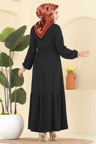 moda selvim Eteği Katlı Kuşaklı Elbise 4120PM271 Siyah - Thumbnail