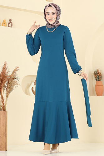 moda selvim Eteği Katlı Mira Elbise 8133AB368 Açık Petrol - Thumbnail