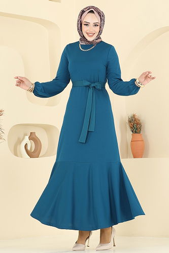 moda selvim Eteği Katlı Mira Elbise 8133AB368 Açık Petrol - Thumbnail