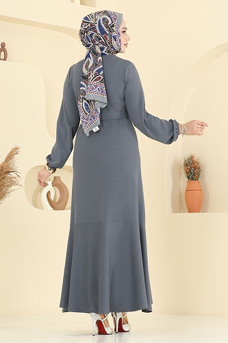 moda selvim Eteği Katlı Mira Elbise 8133AB368 Gri - Thumbnail