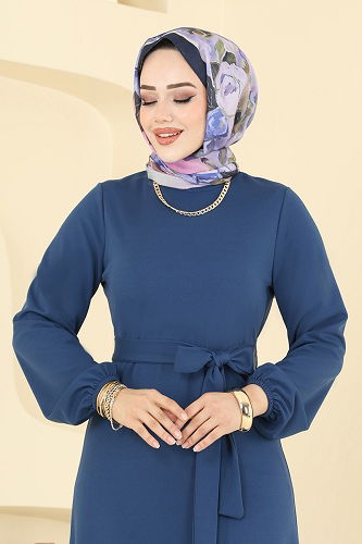 moda selvim Eteği Katlı Mira Elbise 8133AB368 İndigo - Thumbnail