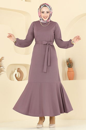 moda selvim Eteği Katlı Mira Elbise 8133AB368 Koyu Gül Kurusu - Thumbnail